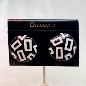 Collectif Vintage Round Clip-On Retro Style Rectangle Pattern Black